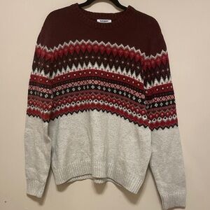 Old Navy Men's Maroon and Gray Patterned Crewneck Sweater
